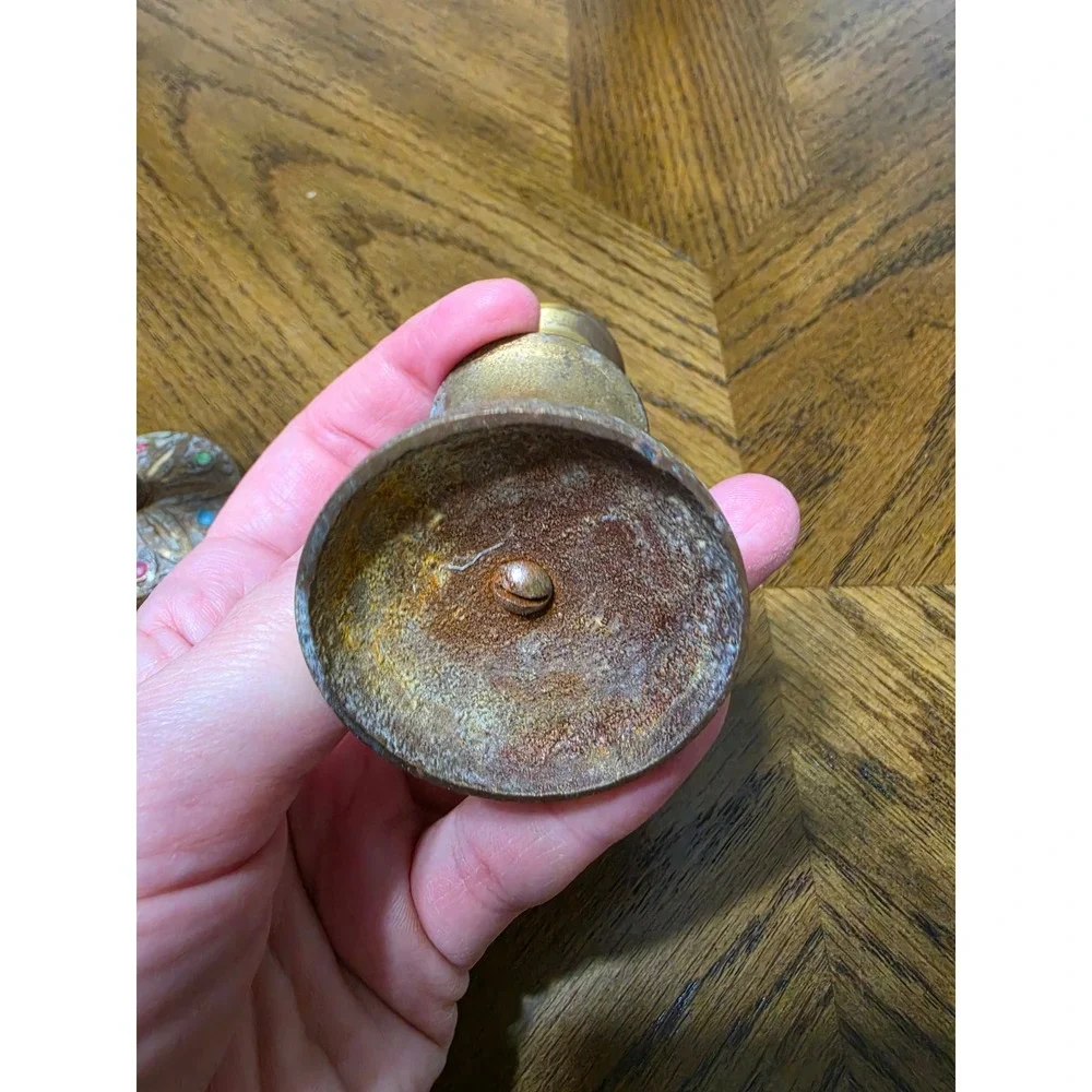 Vintage Brass Candlestick Holders Set of 2 Ornate Enamel Detail Weathered Patina